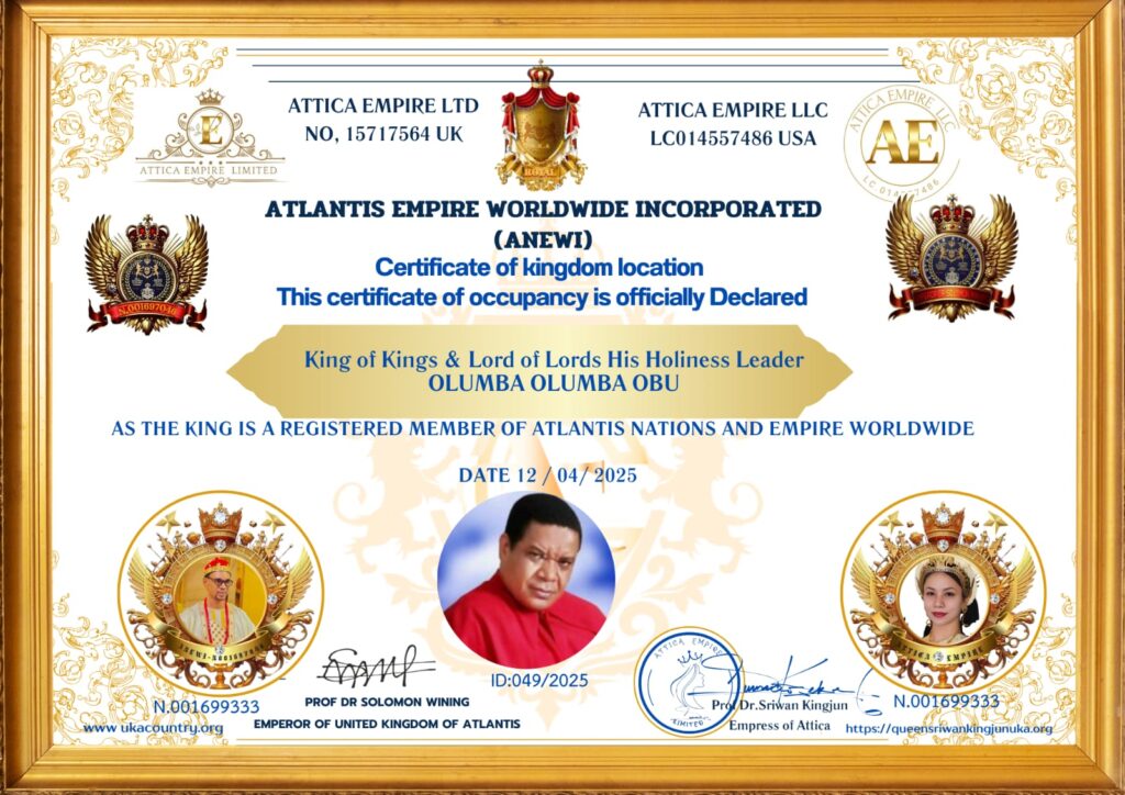King Olumba Olumba Obu Officially Declared as Member of the Atlantis Nation.